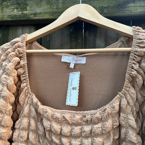 NWT Simply Southern Long Sleeve Tiered Bubble Mini Dress Puff Tan Brown Sz Large - Picture 4 of 12